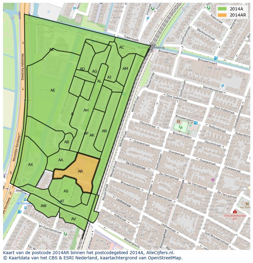 Afbeelding van het postcodegebied 2014 AR op de kaart.