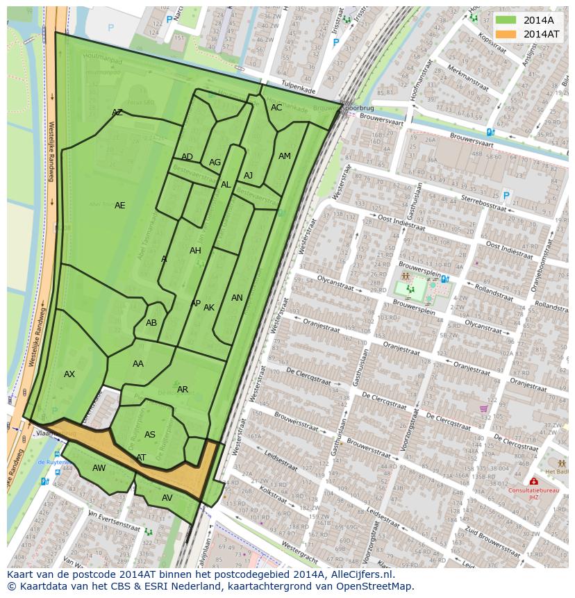 Afbeelding van het postcodegebied 2014 AT op de kaart.