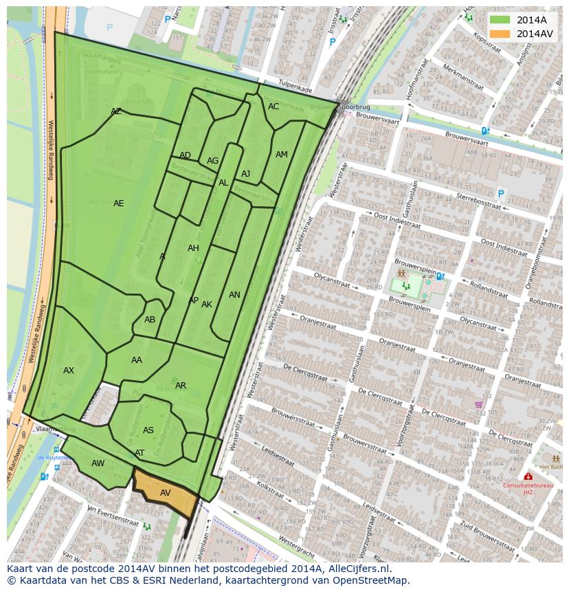 Afbeelding van het postcodegebied 2014 AV op de kaart.