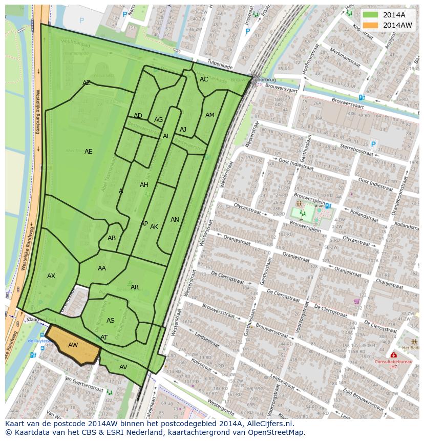 Afbeelding van het postcodegebied 2014 AW op de kaart.