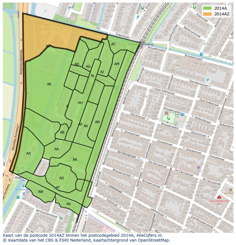 Afbeelding van het postcodegebied 2014 AZ op de kaart.
