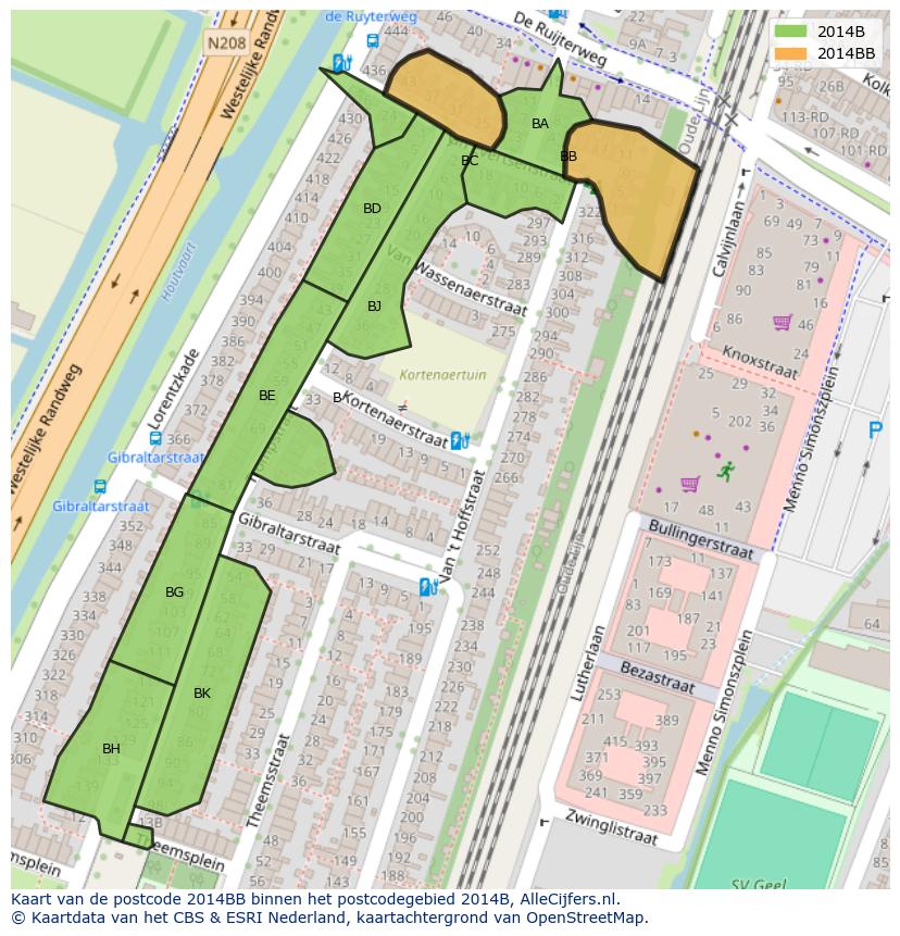 Afbeelding van het postcodegebied 2014 BB op de kaart.