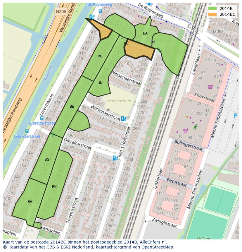 Afbeelding van het postcodegebied 2014 BC op de kaart.