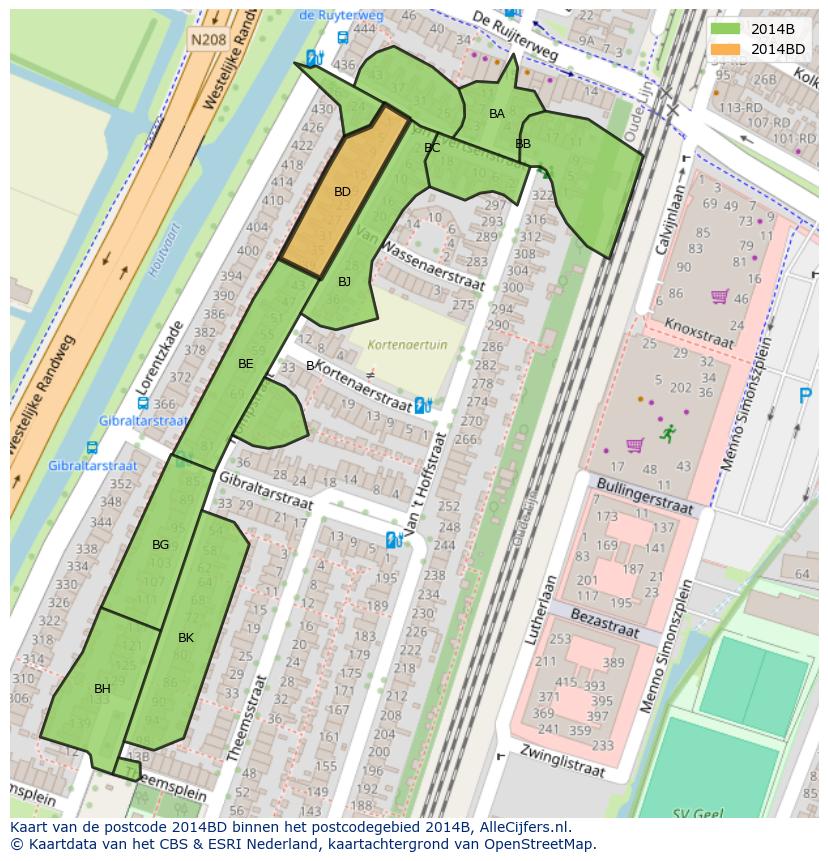 Afbeelding van het postcodegebied 2014 BD op de kaart.
