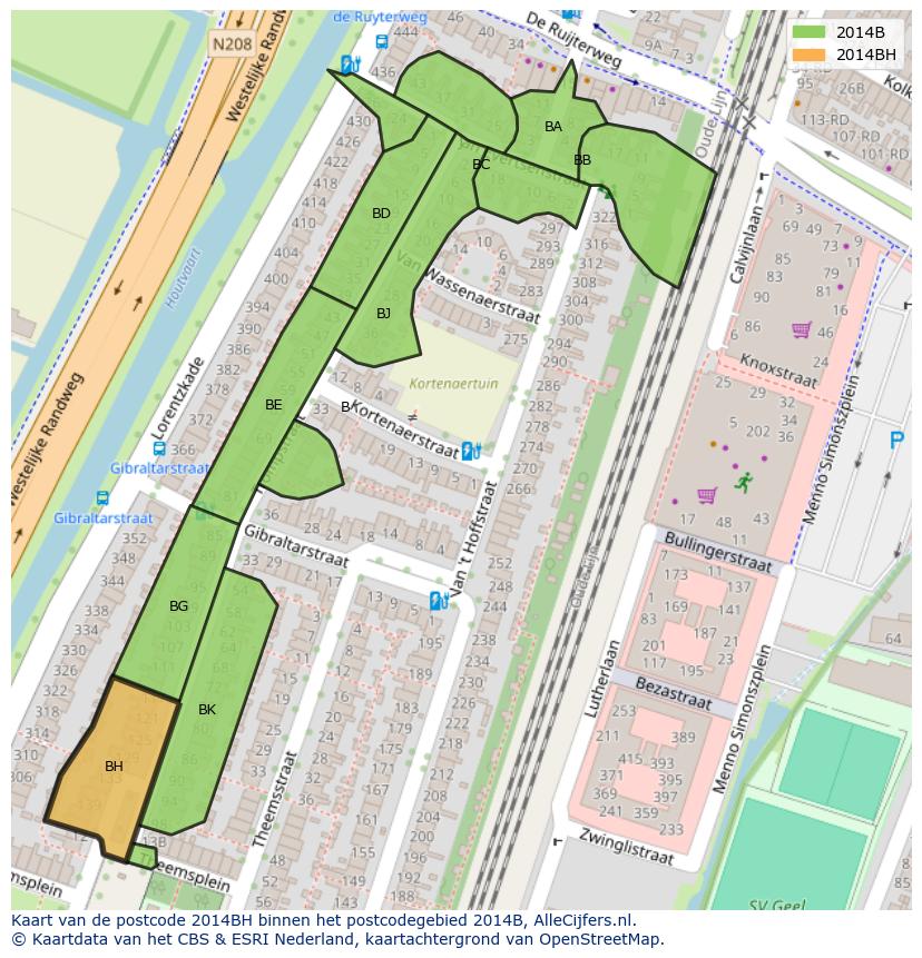 Afbeelding van het postcodegebied 2014 BH op de kaart.