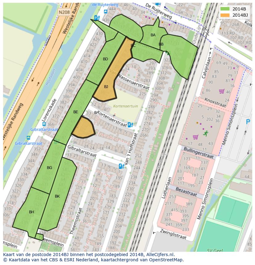 Afbeelding van het postcodegebied 2014 BJ op de kaart.