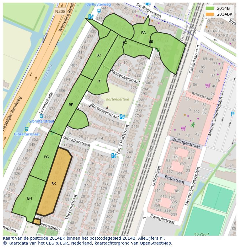 Afbeelding van het postcodegebied 2014 BK op de kaart.