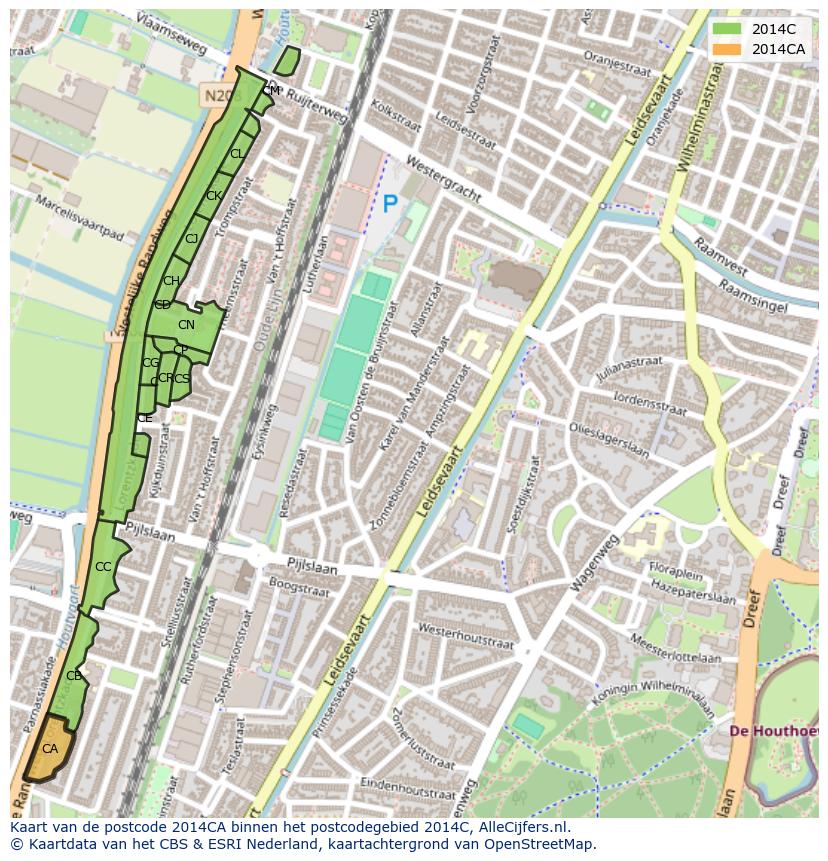 Afbeelding van het postcodegebied 2014 CA op de kaart.