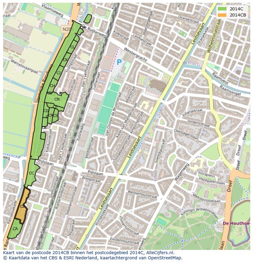Afbeelding van het postcodegebied 2014 CB op de kaart.