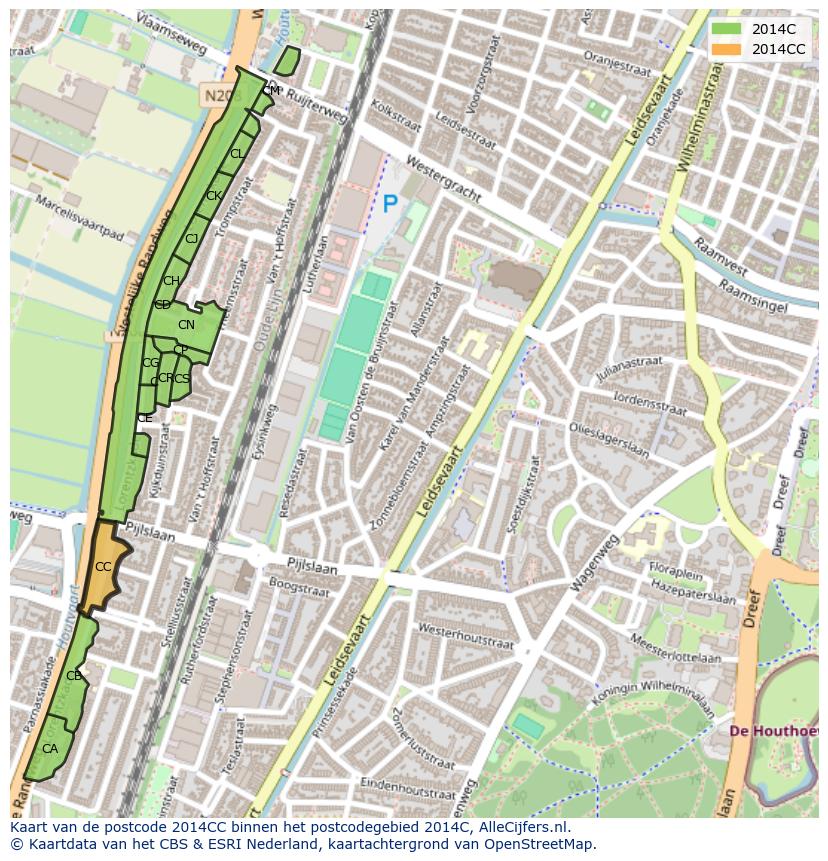 Afbeelding van het postcodegebied 2014 CC op de kaart.