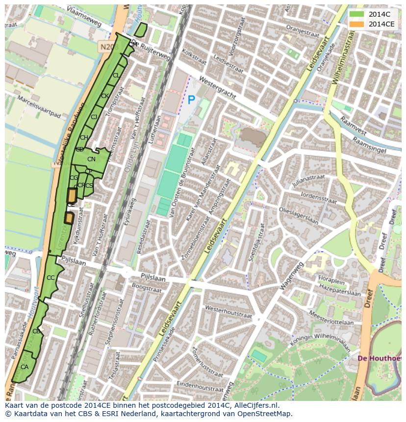 Afbeelding van het postcodegebied 2014 CE op de kaart.