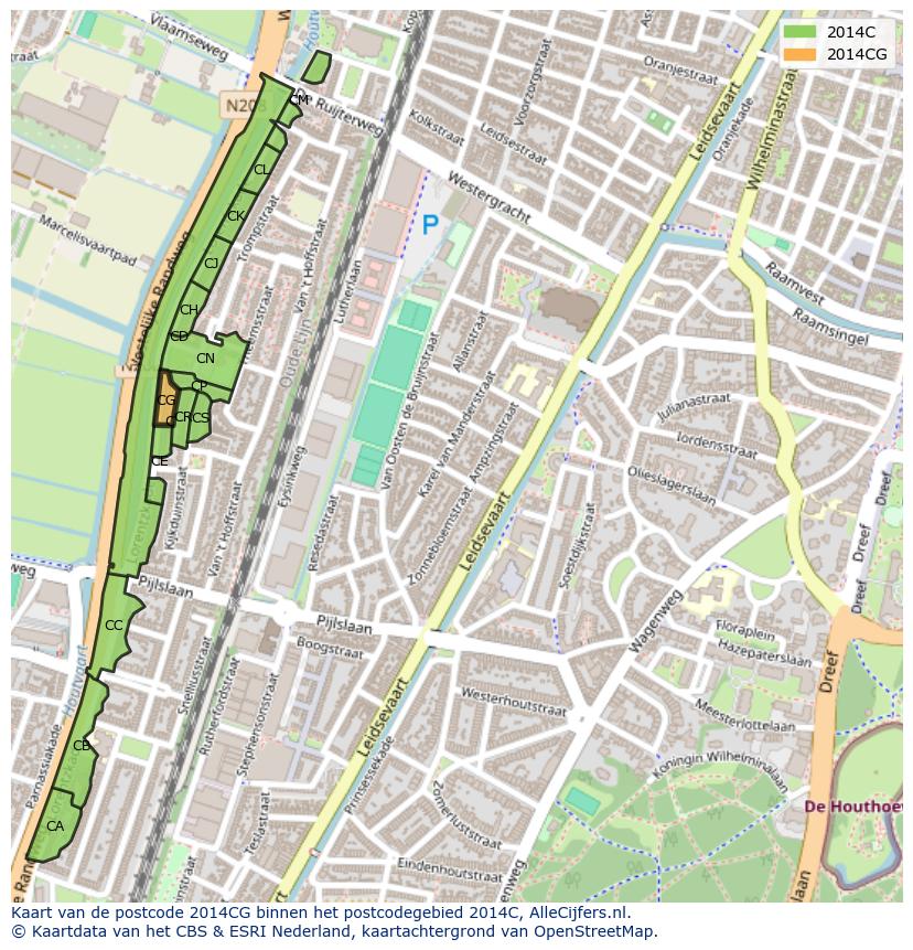 Afbeelding van het postcodegebied 2014 CG op de kaart.