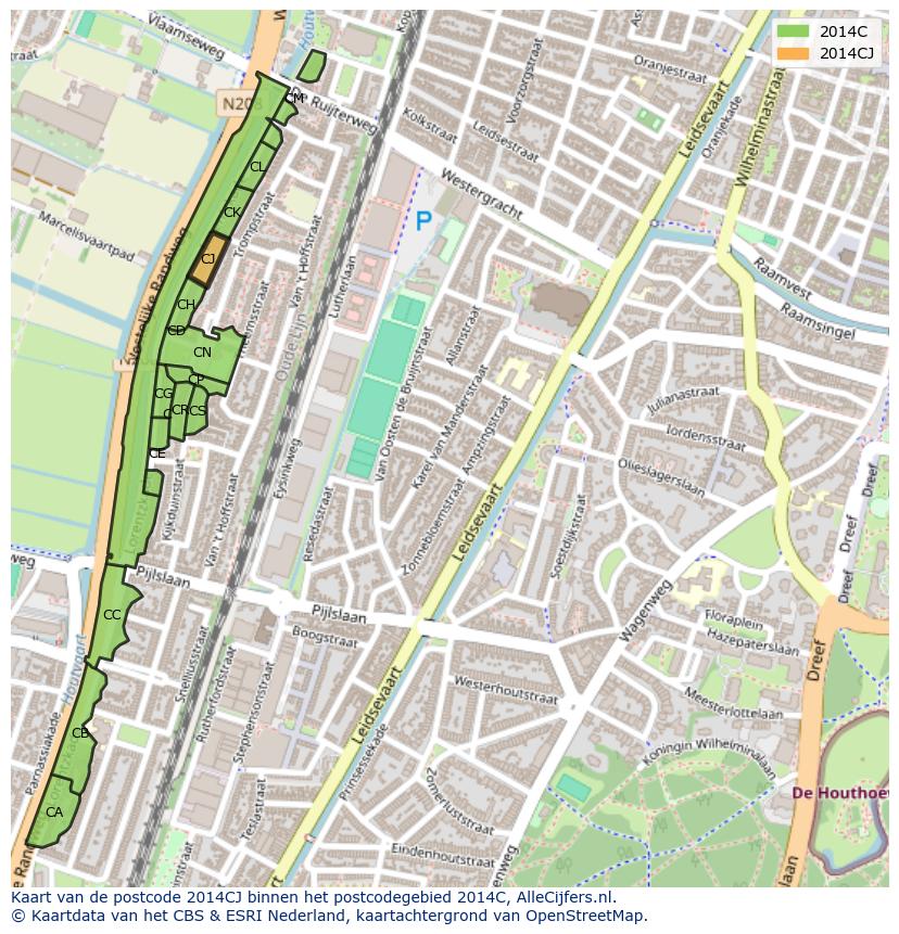 Afbeelding van het postcodegebied 2014 CJ op de kaart.