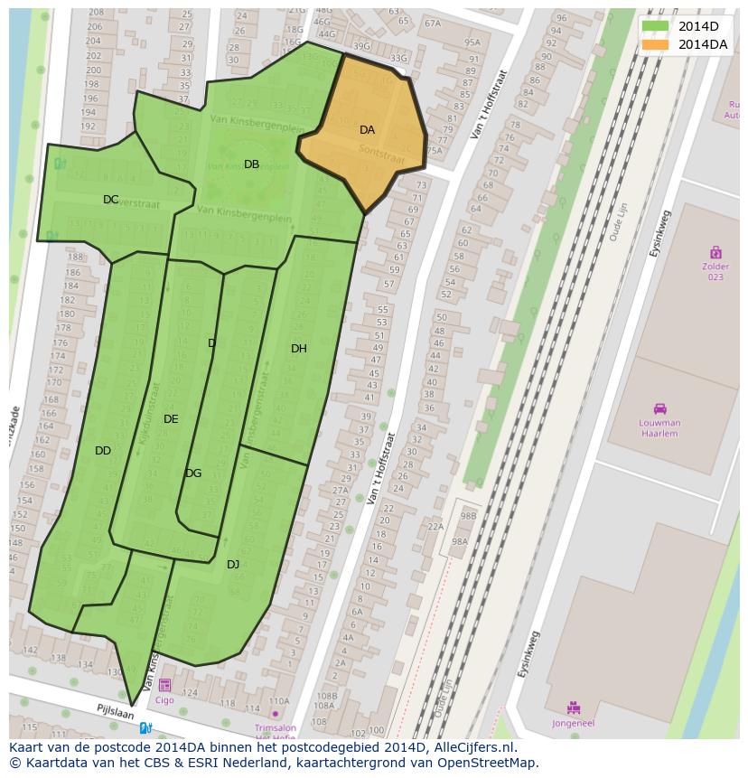 Afbeelding van het postcodegebied 2014 DA op de kaart.