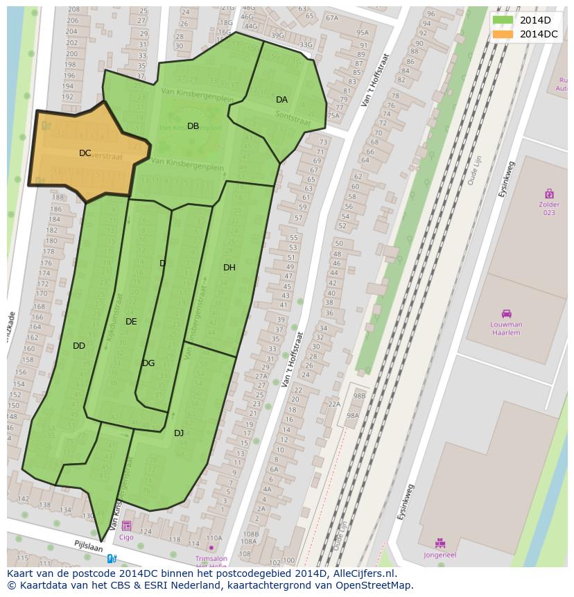 Afbeelding van het postcodegebied 2014 DC op de kaart.