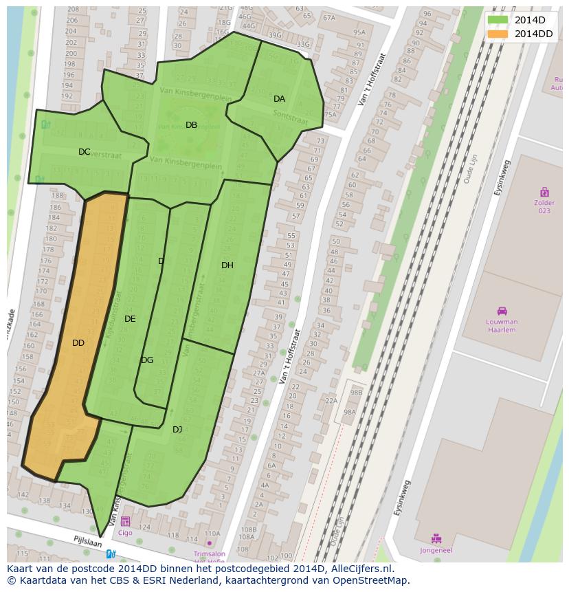Afbeelding van het postcodegebied 2014 DD op de kaart.