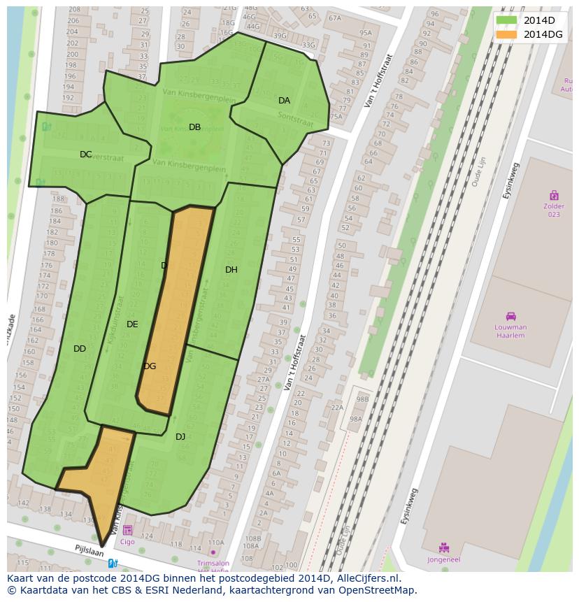 Afbeelding van het postcodegebied 2014 DG op de kaart.