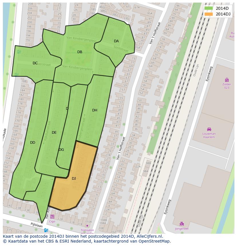 Afbeelding van het postcodegebied 2014 DJ op de kaart.