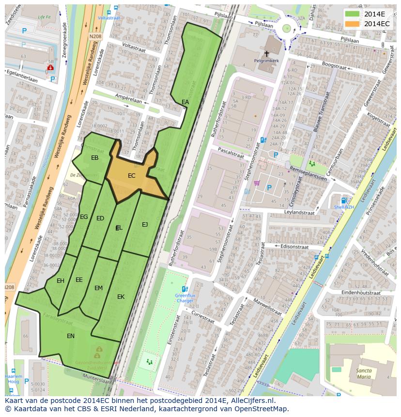 Afbeelding van het postcodegebied 2014 EC op de kaart.
