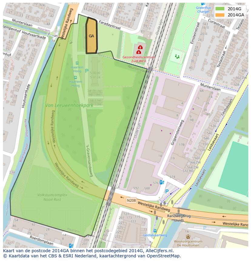 Afbeelding van het postcodegebied 2014 GA op de kaart.