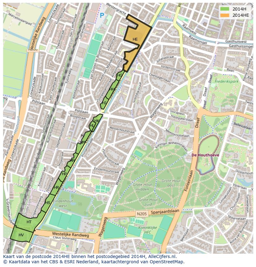 Afbeelding van het postcodegebied 2014 HE op de kaart.