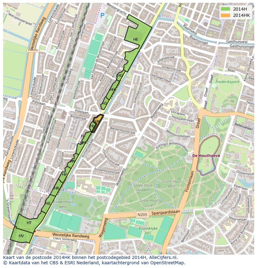Afbeelding van het postcodegebied 2014 HK op de kaart.
