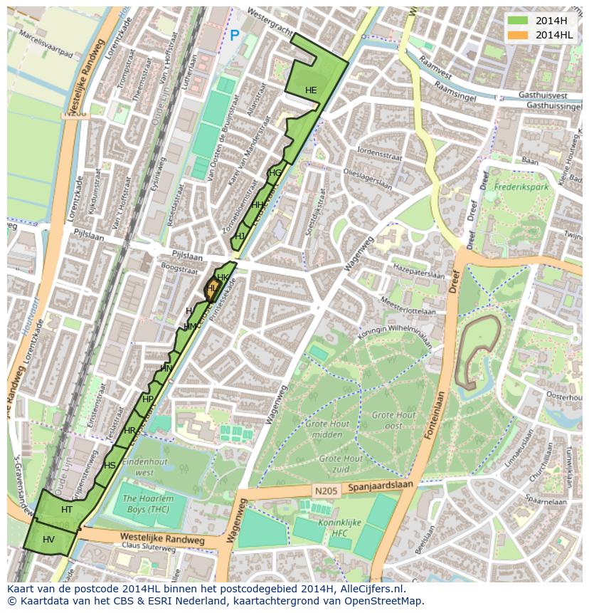 Afbeelding van het postcodegebied 2014 HL op de kaart.