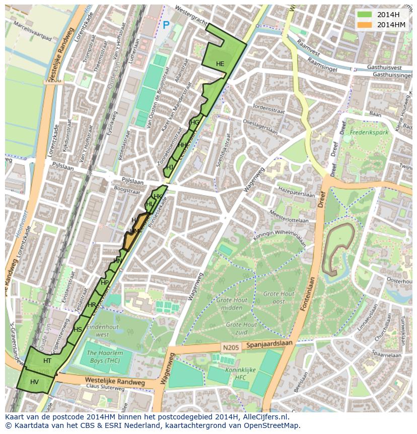 Afbeelding van het postcodegebied 2014 HM op de kaart.