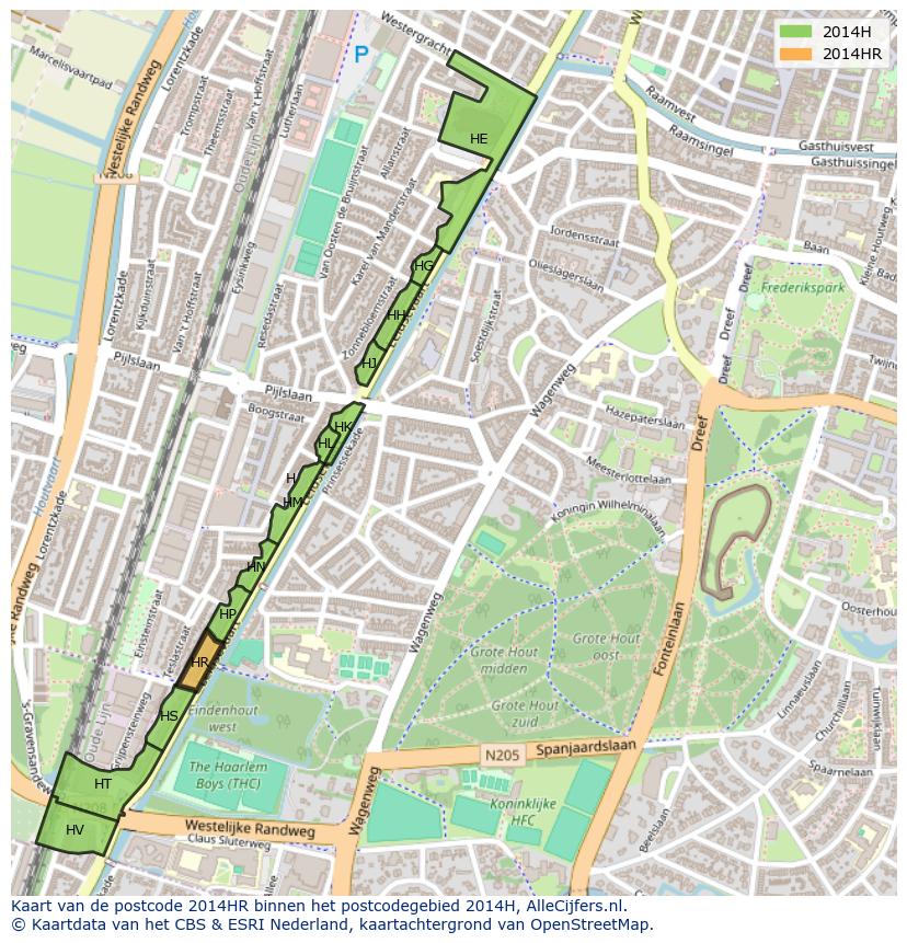 Afbeelding van het postcodegebied 2014 HR op de kaart.