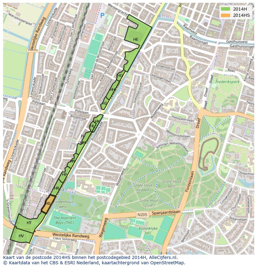 Afbeelding van het postcodegebied 2014 HS op de kaart.
