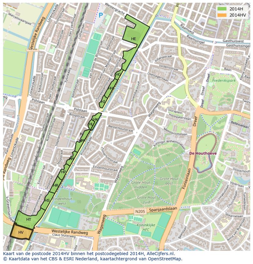 Afbeelding van het postcodegebied 2014 HV op de kaart.