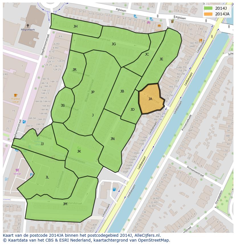 Afbeelding van het postcodegebied 2014 JA op de kaart.