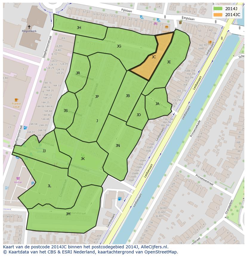 Afbeelding van het postcodegebied 2014 JC op de kaart.
