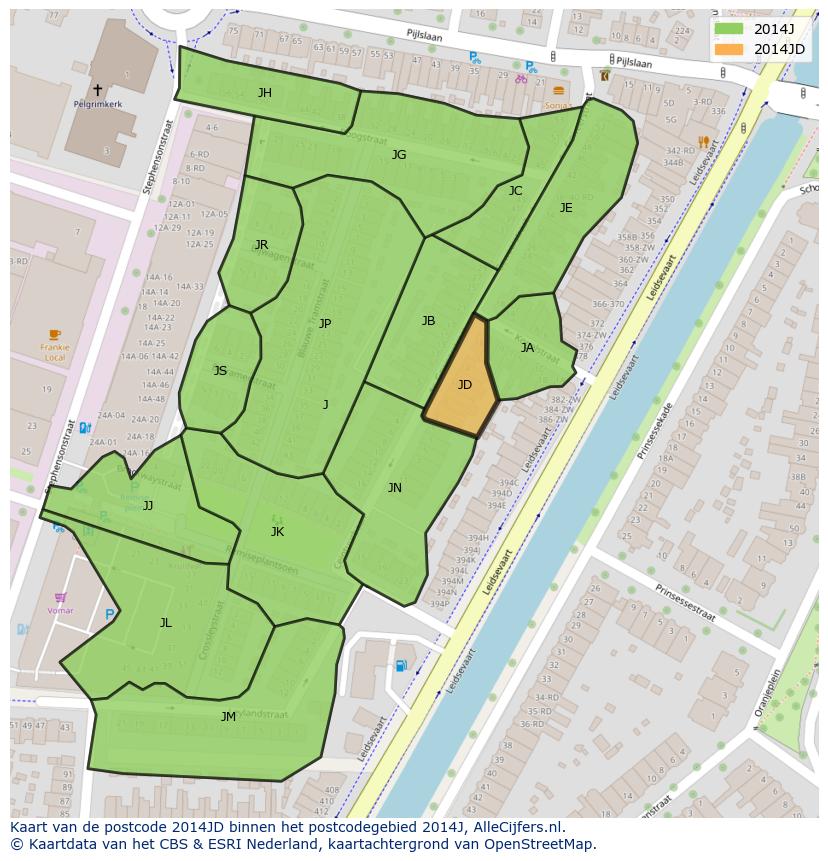 Afbeelding van het postcodegebied 2014 JD op de kaart.
