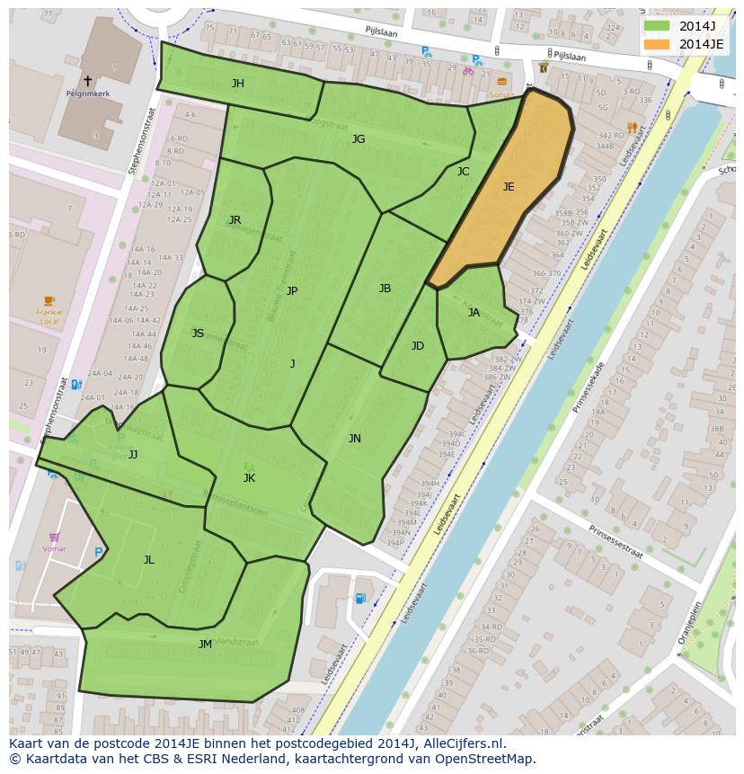 Afbeelding van het postcodegebied 2014 JE op de kaart.