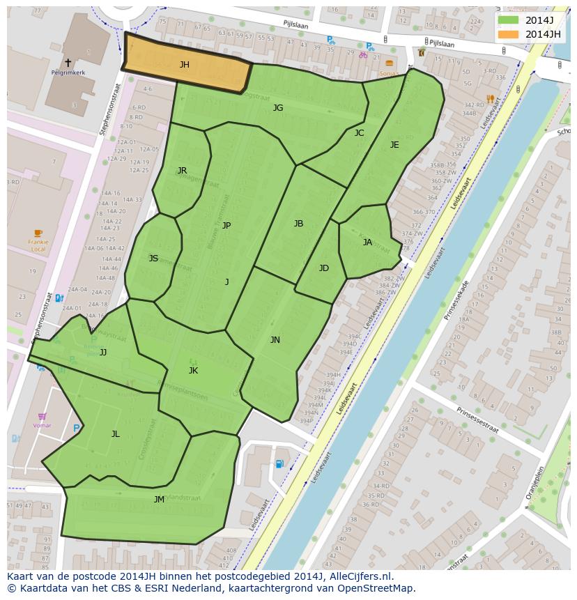 Afbeelding van het postcodegebied 2014 JH op de kaart.