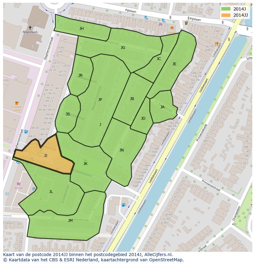 Afbeelding van het postcodegebied 2014 JJ op de kaart.