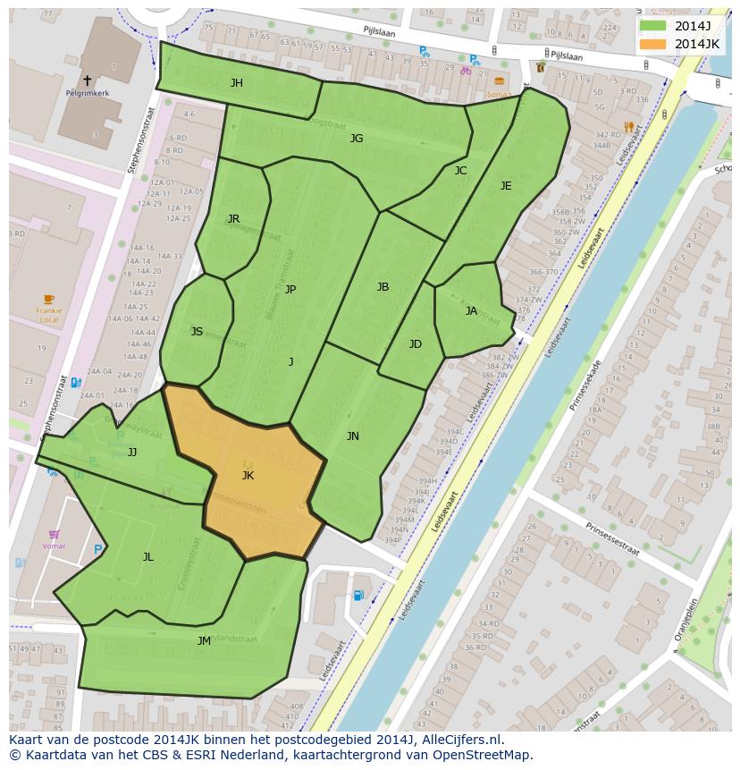 Afbeelding van het postcodegebied 2014 JK op de kaart.