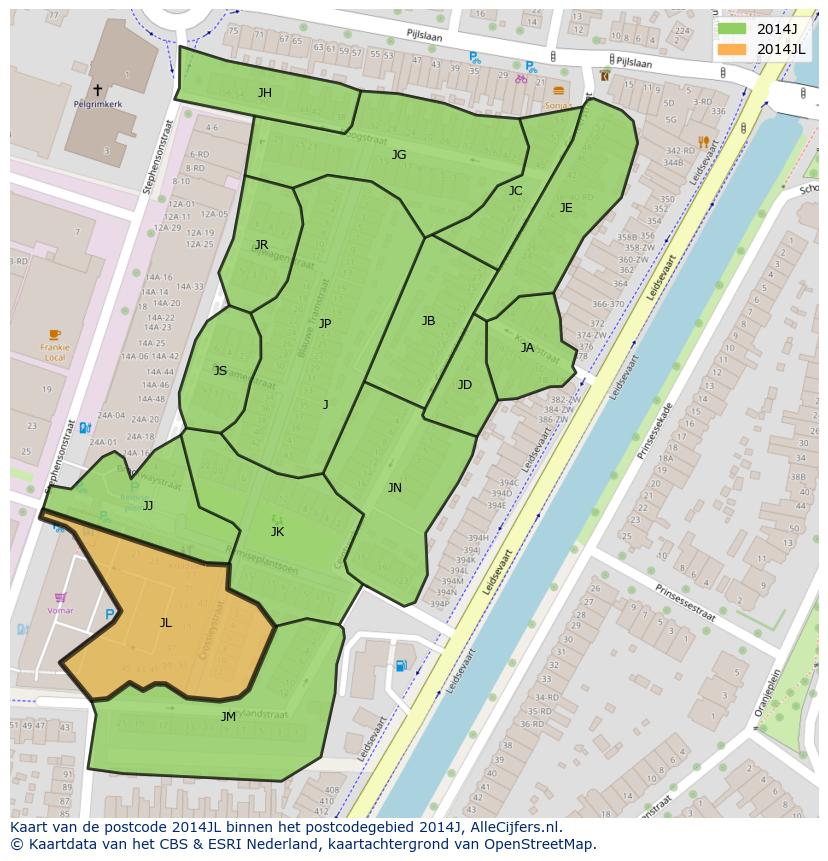 Afbeelding van het postcodegebied 2014 JL op de kaart.