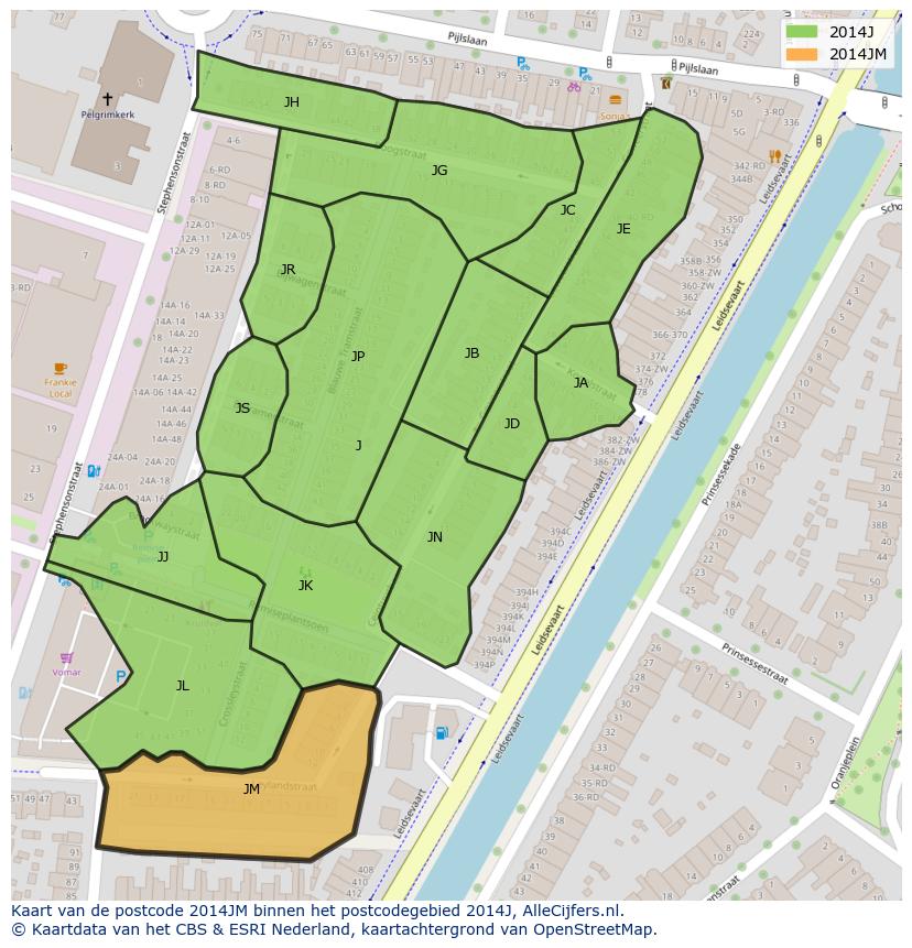 Afbeelding van het postcodegebied 2014 JM op de kaart.
