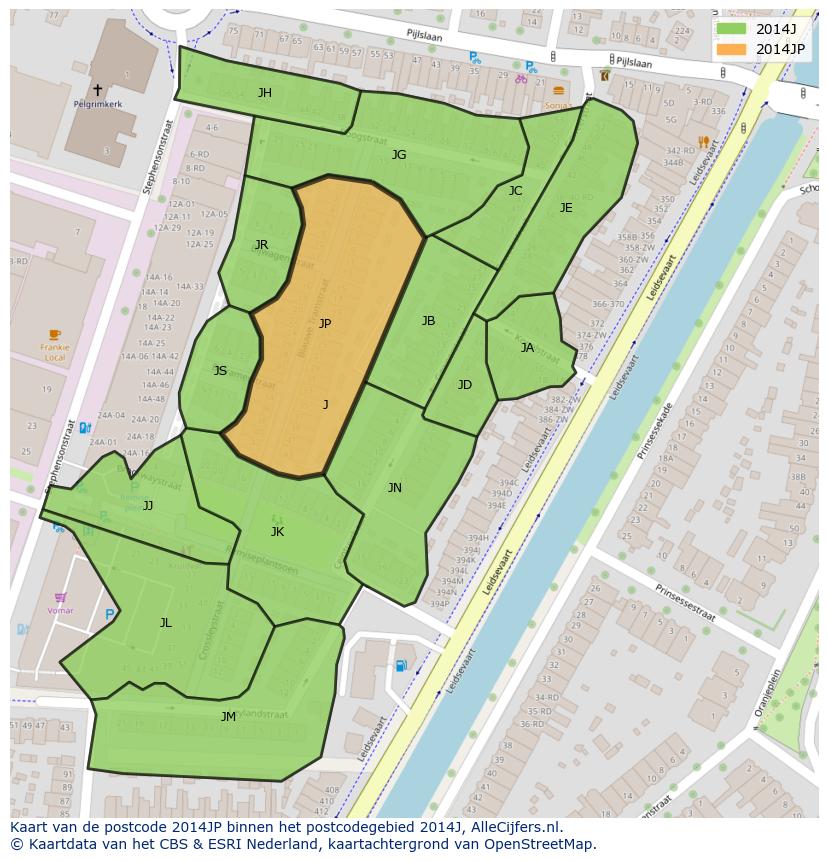 Afbeelding van het postcodegebied 2014 JP op de kaart.
