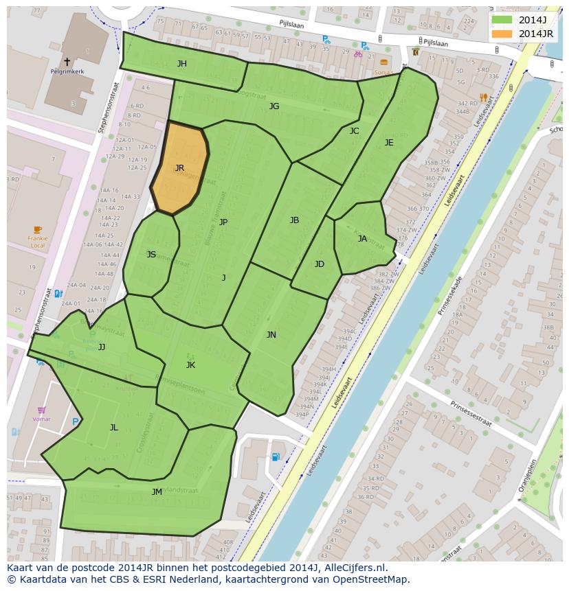 Afbeelding van het postcodegebied 2014 JR op de kaart.