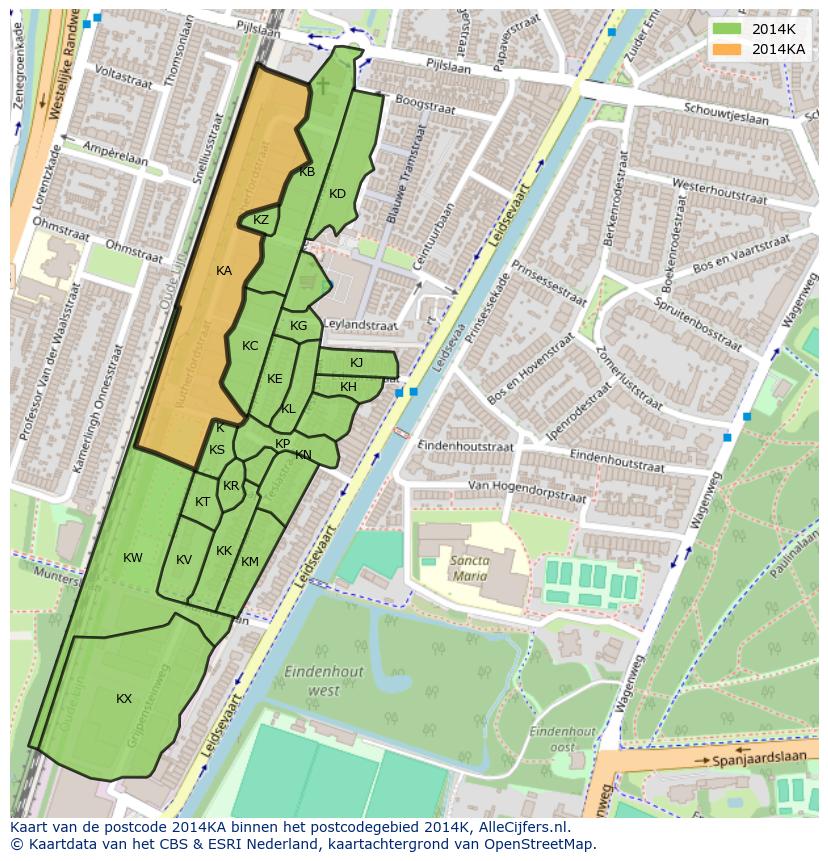 Afbeelding van het postcodegebied 2014 KA op de kaart.