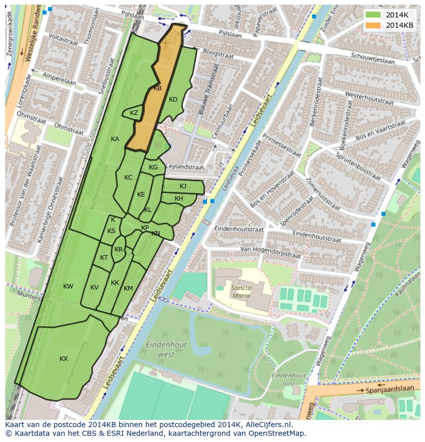 Afbeelding van het postcodegebied 2014 KB op de kaart.