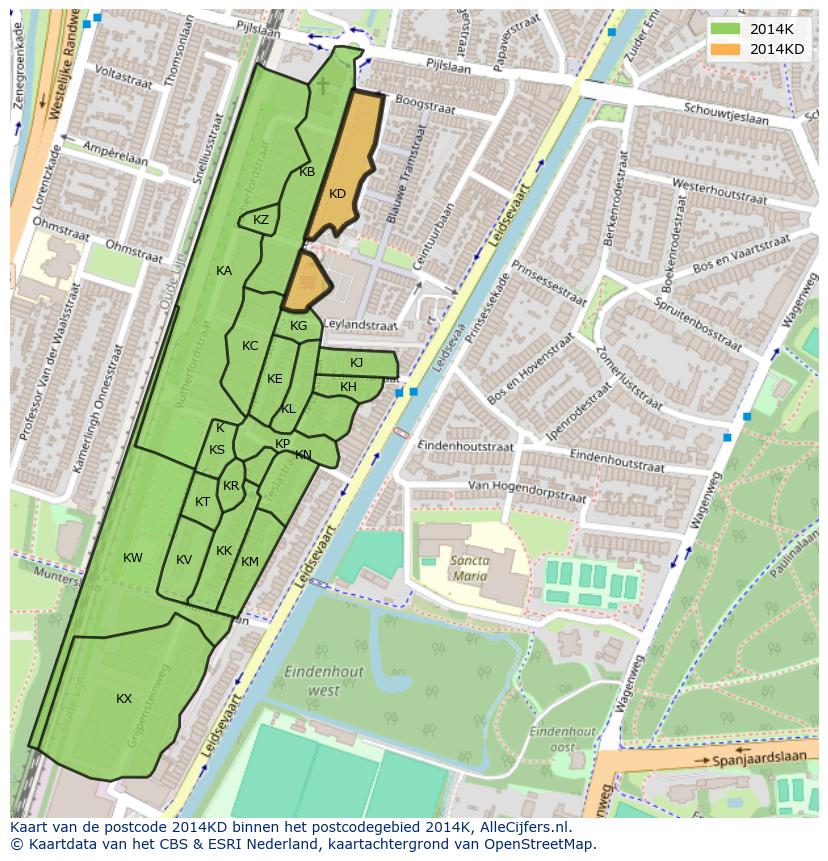 Afbeelding van het postcodegebied 2014 KD op de kaart.