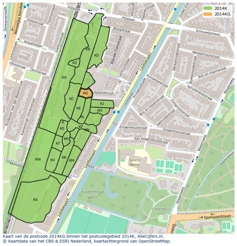 Afbeelding van het postcodegebied 2014 KG op de kaart.