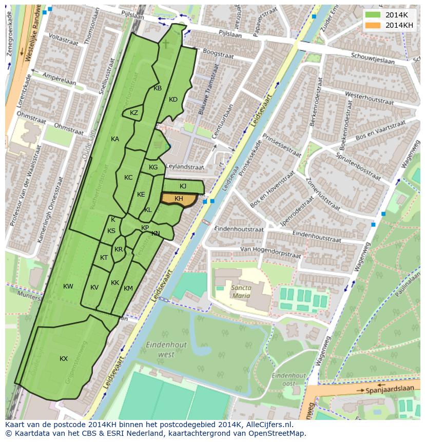 Afbeelding van het postcodegebied 2014 KH op de kaart.