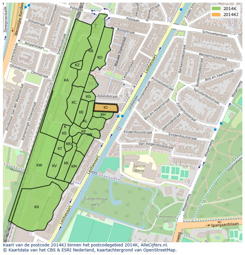 Afbeelding van het postcodegebied 2014 KJ op de kaart.