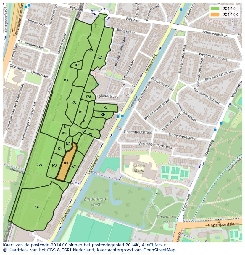 Afbeelding van het postcodegebied 2014 KK op de kaart.