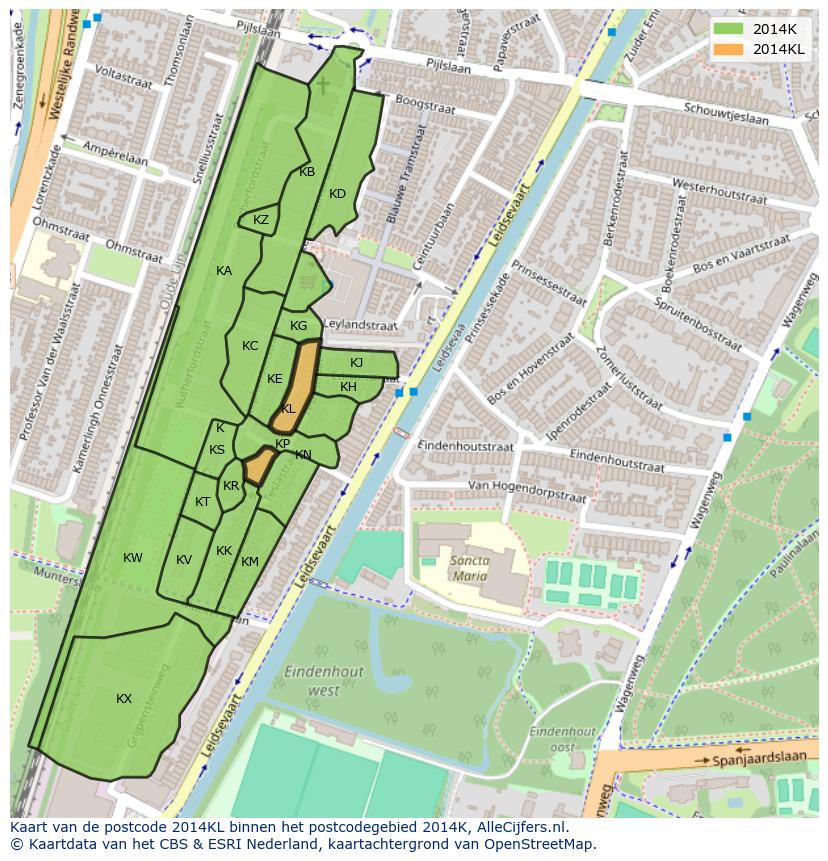 Afbeelding van het postcodegebied 2014 KL op de kaart.